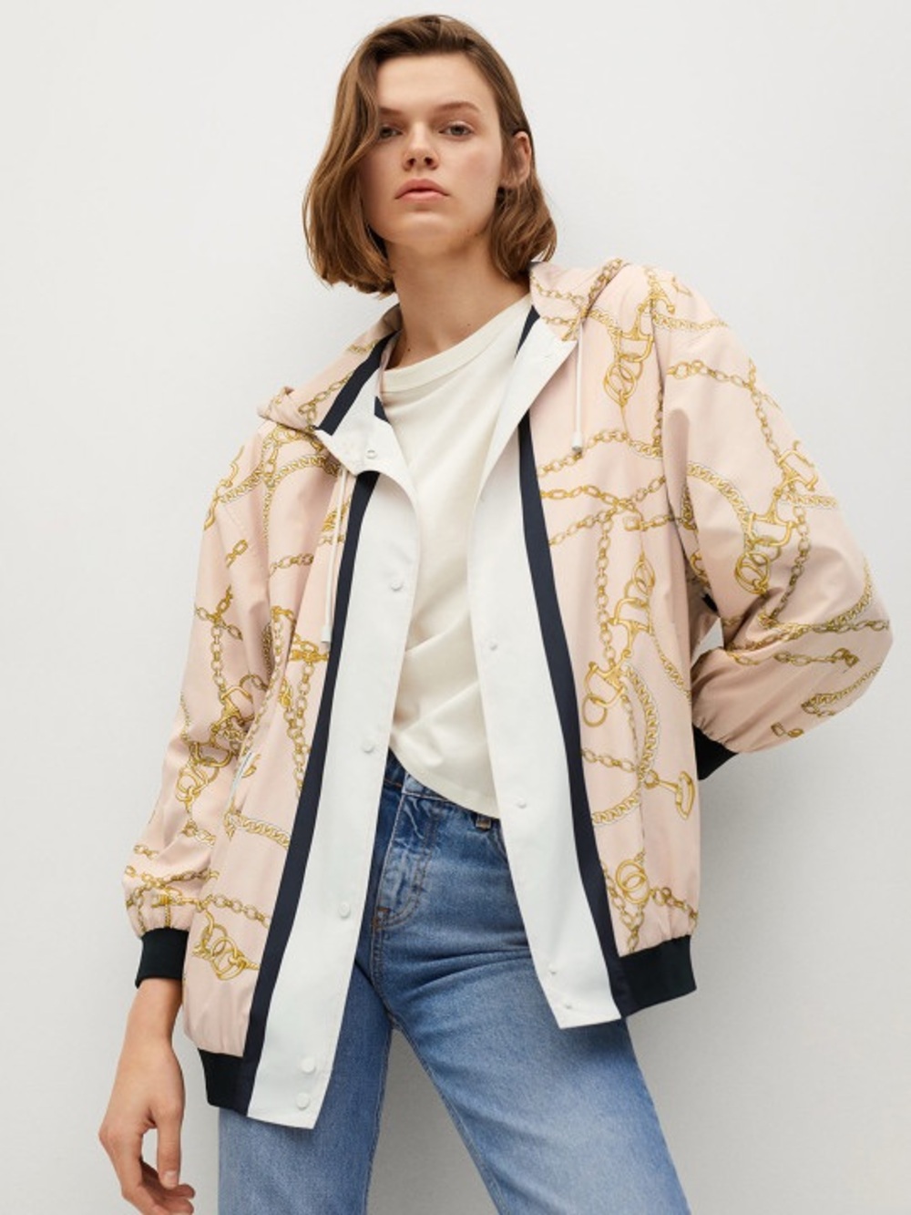 Mango Light Pink Designer Chain-Print Bomber Jacket